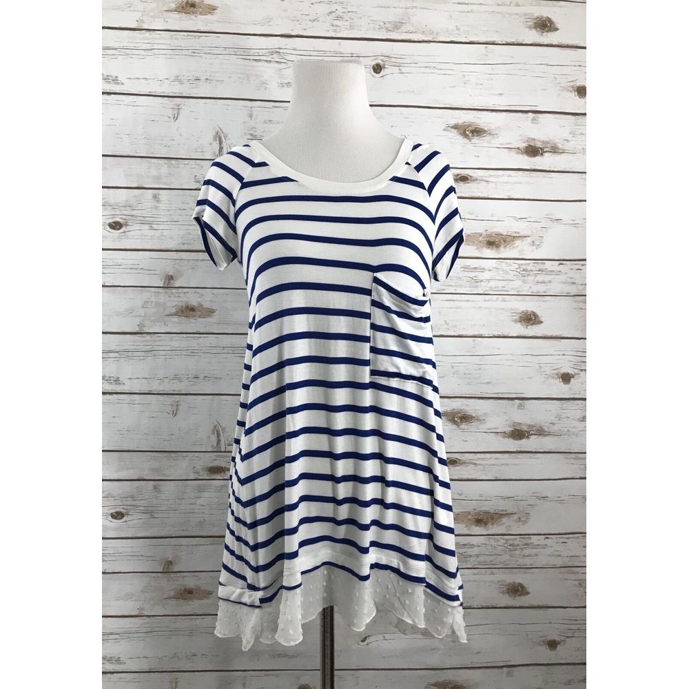 BORDEAUX Blue White Stripe Satin Sheer Cross Back Soft Top Size XS‎